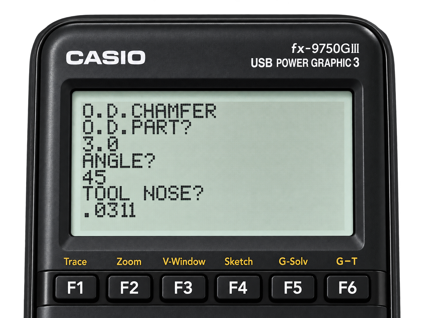 Calculator screen prompting for outside diameter, part Z, angle, and tool nose